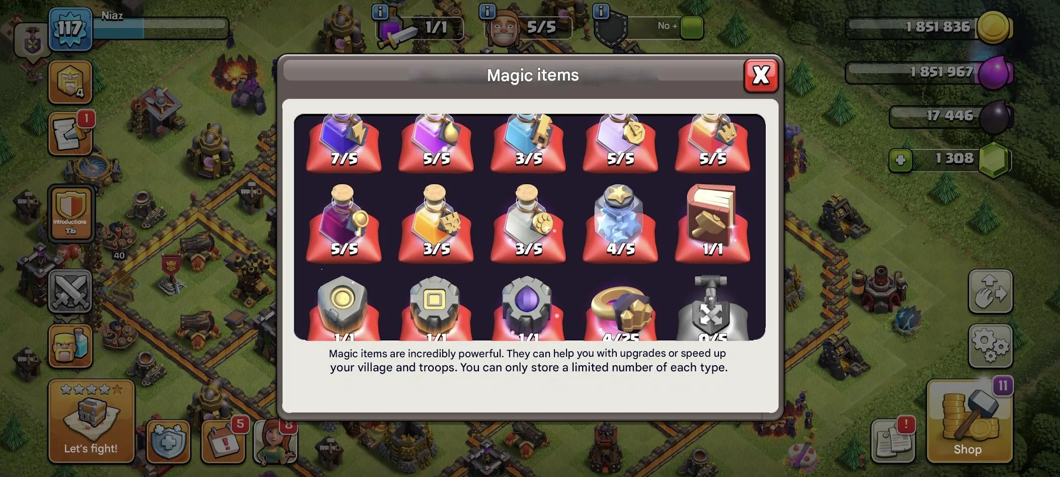 COC566 TH13 117 LVL 40/40/10 Heroes 5 Builders 1300 Gems Royal Champion Skin Troops Skins Items Nickname Change 